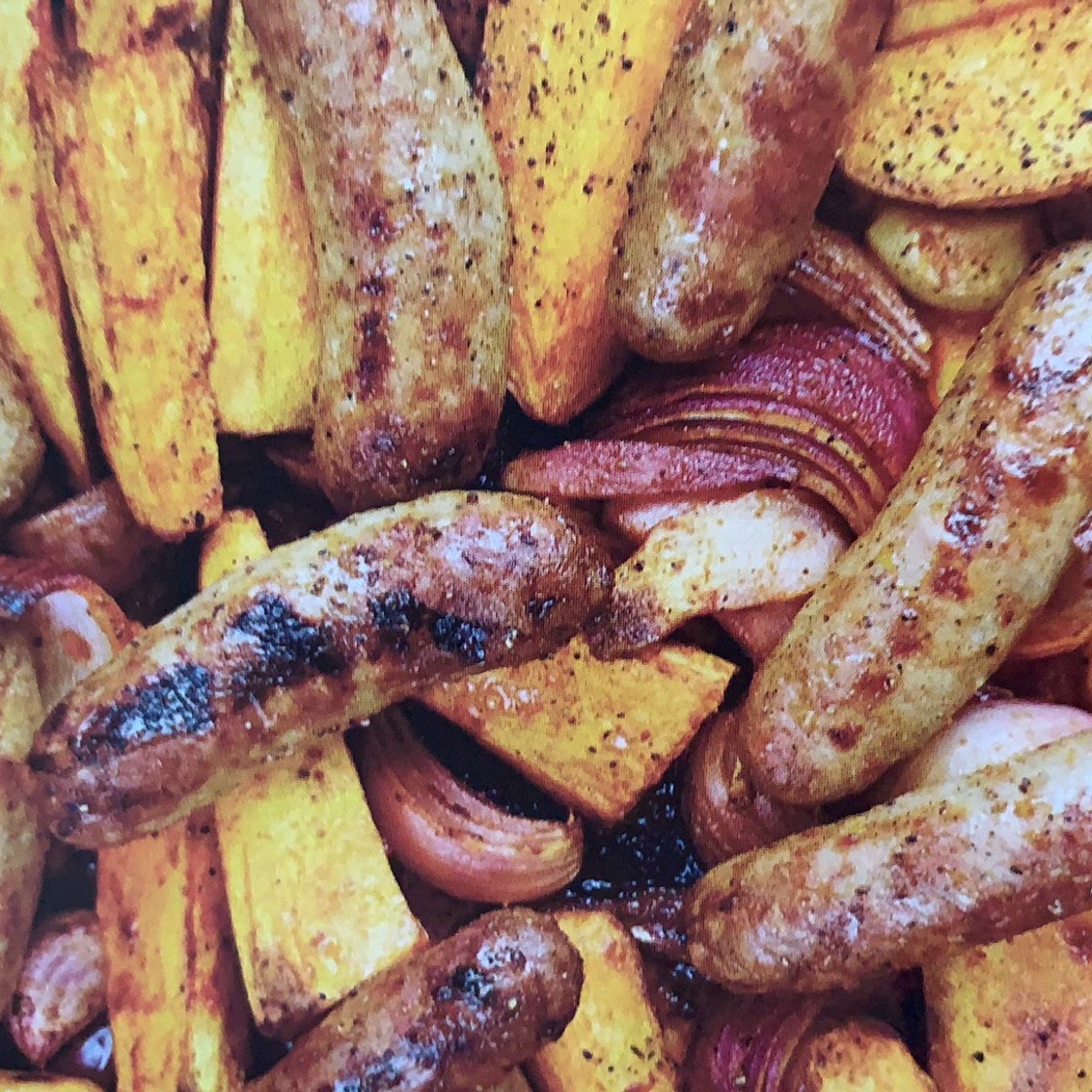 SMOKY SAUSAGE, SWEET POTATO & RED ONION TRAYBAKE