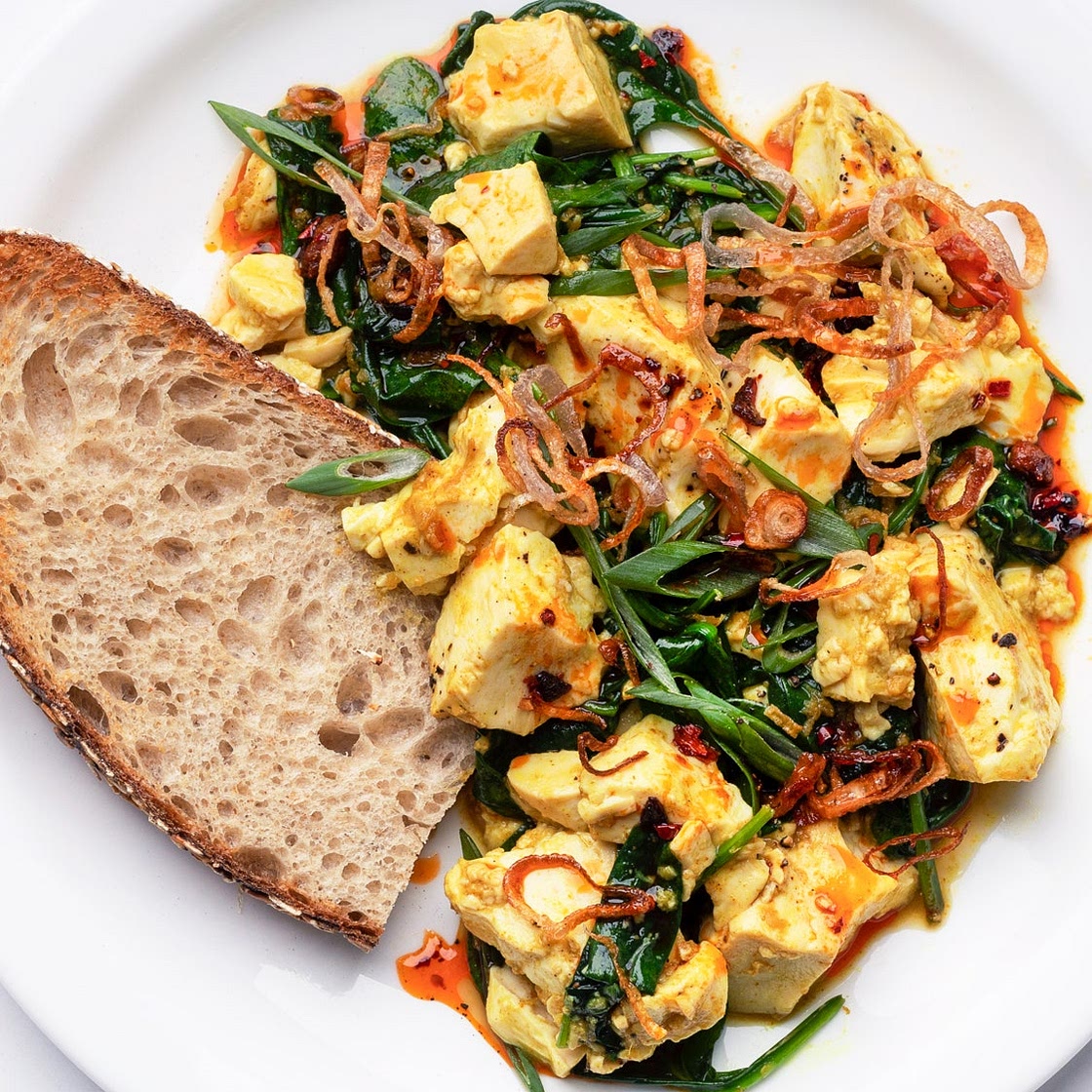 Ginger-Scallion Tofu Scramble With Spinach and Chili Oil