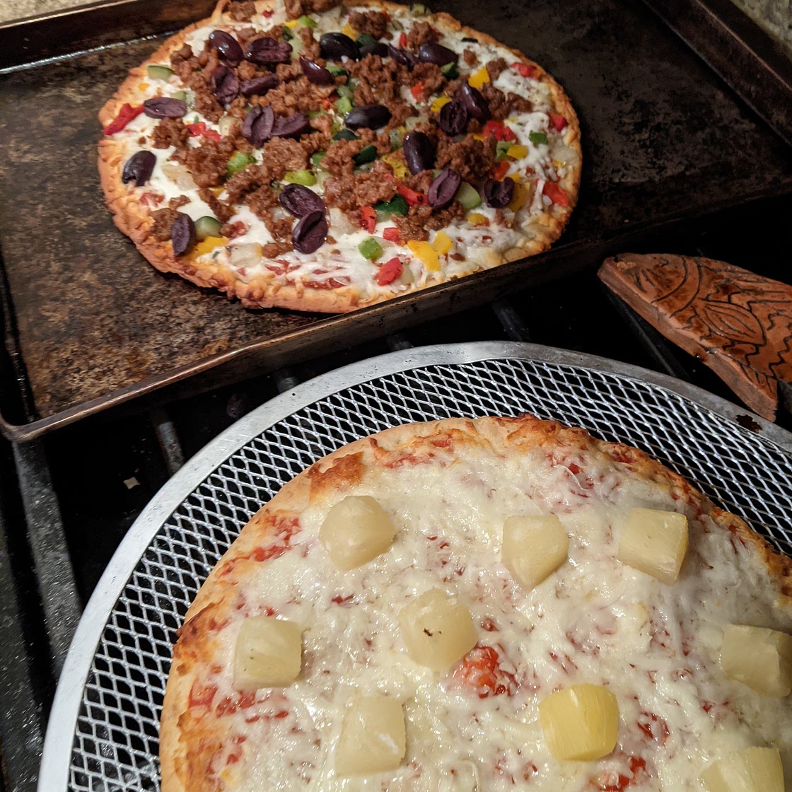 Family Pizza Night: pineapple & pepperoni, meat & vegie, vegie