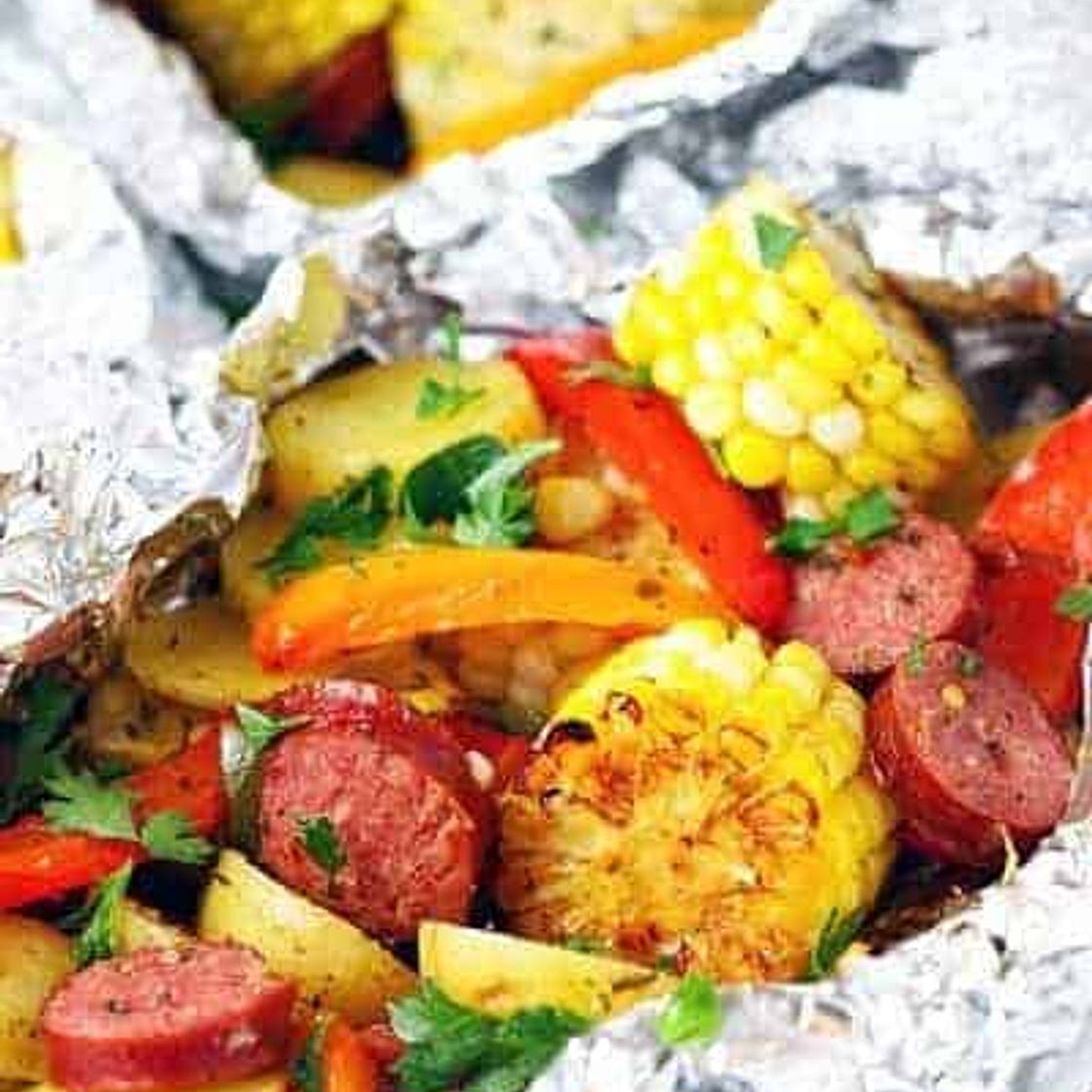 Grilled Cajun Sausage Veggie Foil Dinners