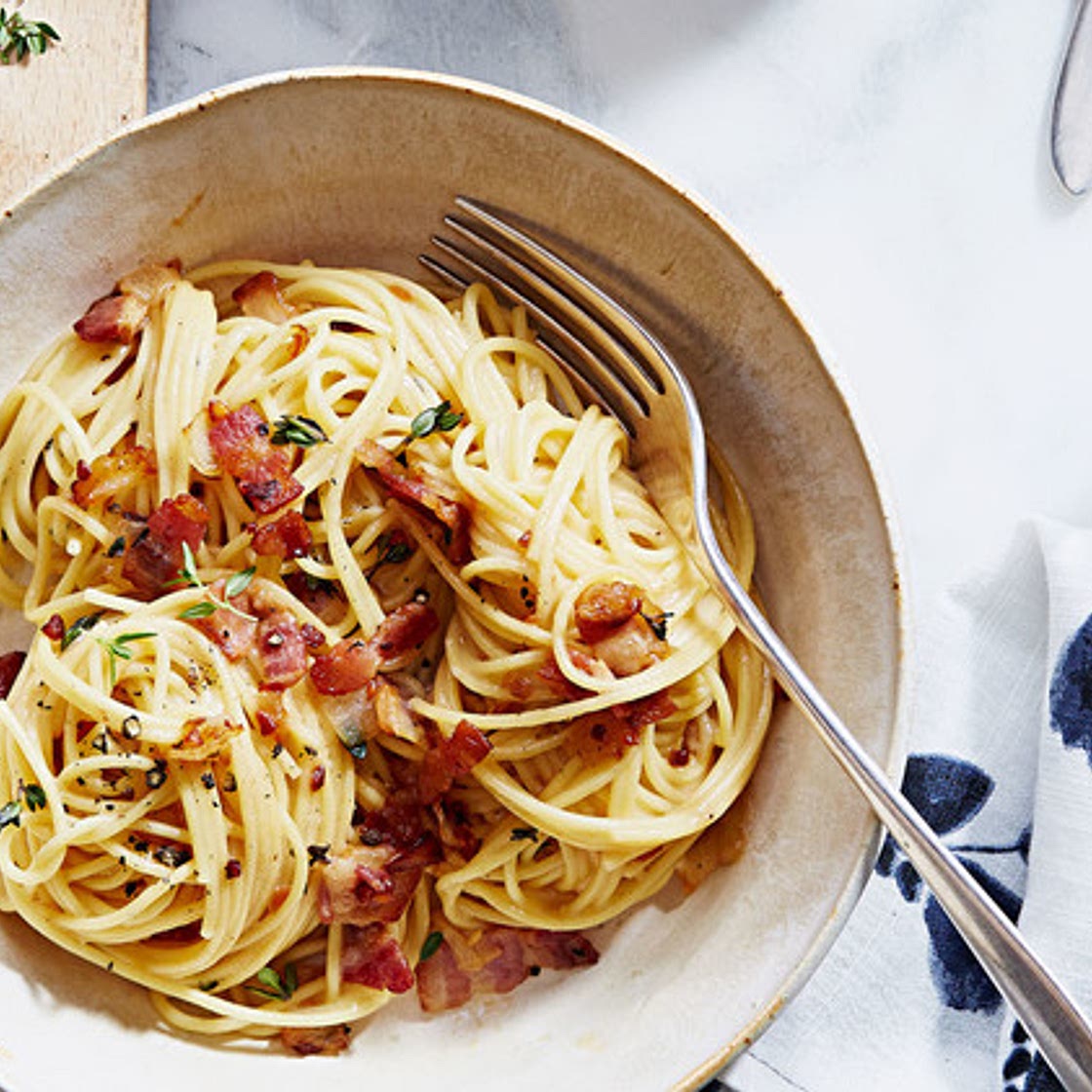 Bacon Pasta with Cheese Sauce and Thyme