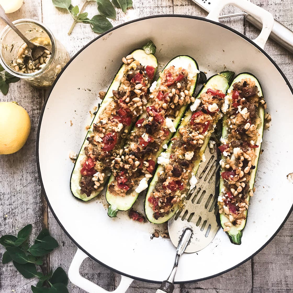 Stuffed Courgette with Pine Nut Salsa