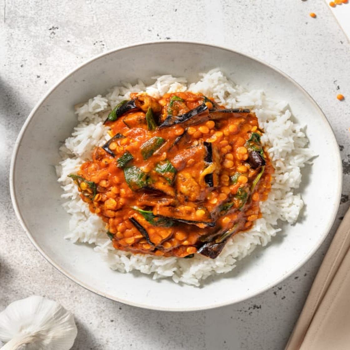 Red Lentil and Spinach Dal with Roasted Aubergine