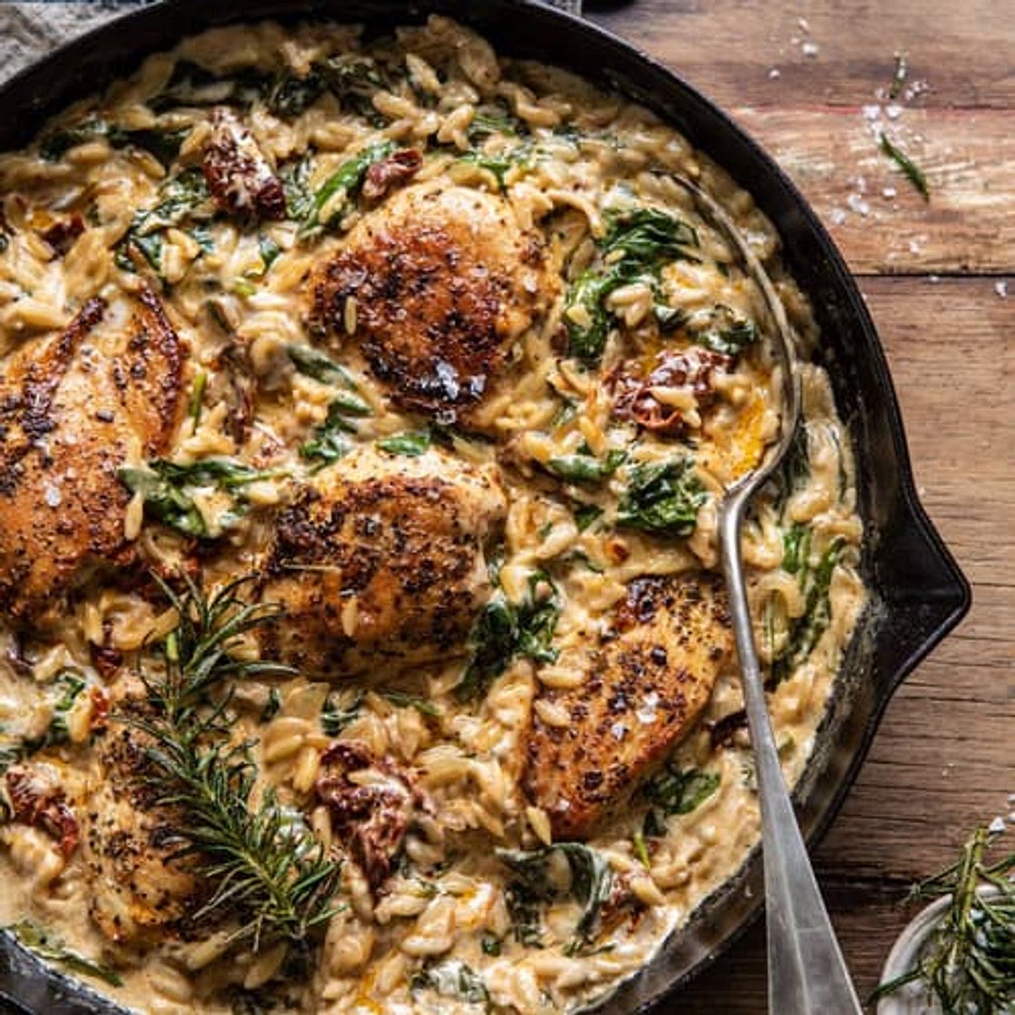 One Skillet Creamy Sun-Dried Tomato Chicken and Orzo