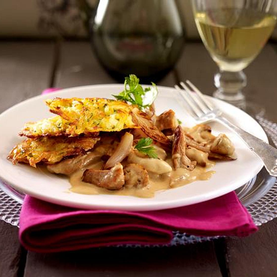 Quitten-Kartoffel-Rösti zu Zürcher Geschnetzeltem