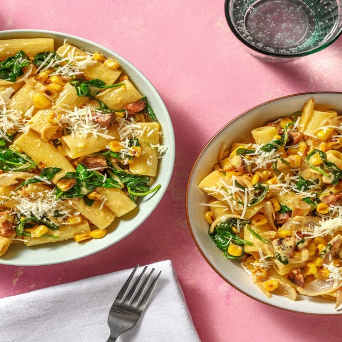 Speedy Creamy Chorizo & Sweetcorn Pasta with Spinach and Cheese
