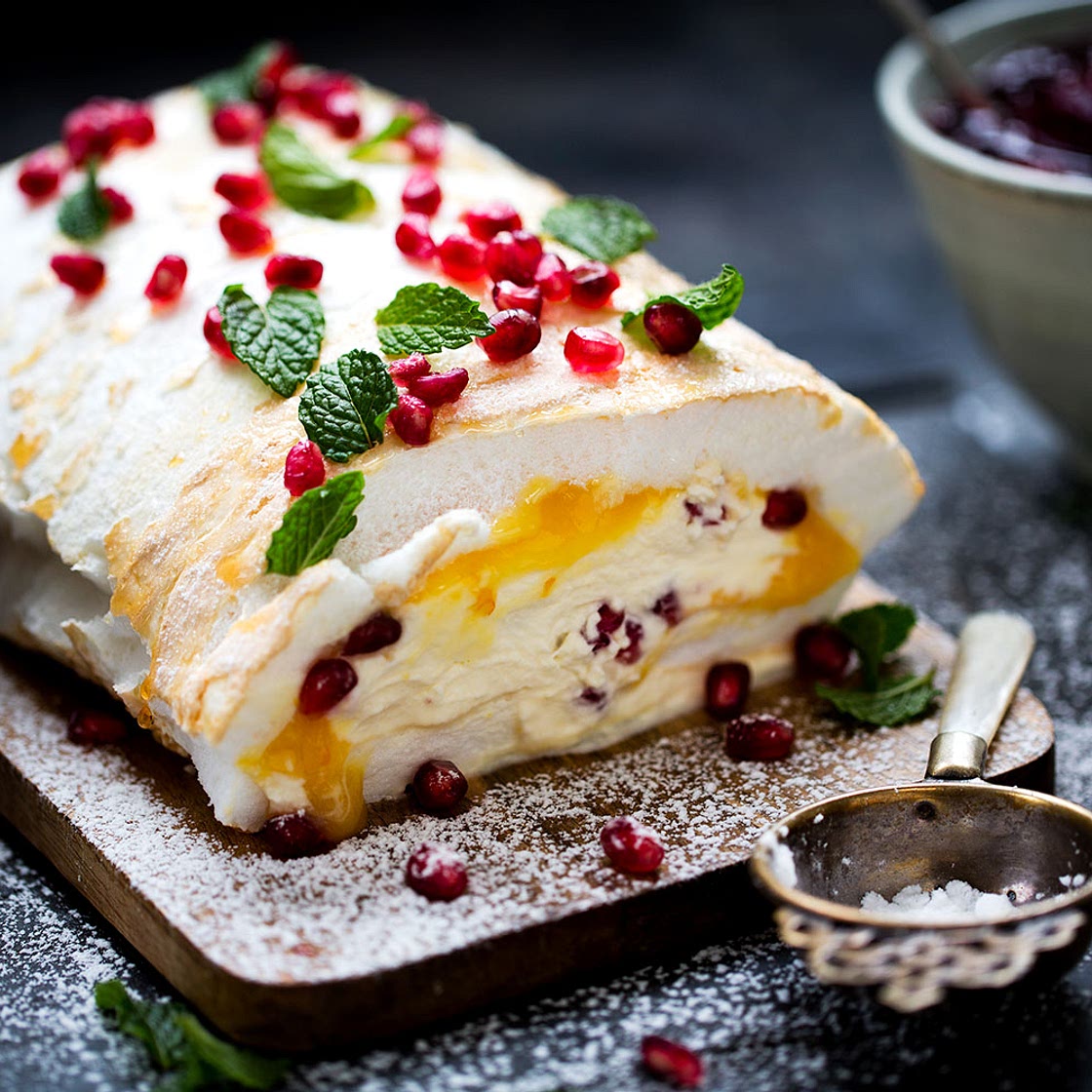 Lemon Curd and Pomegranate Rolled Pavlova Recipe