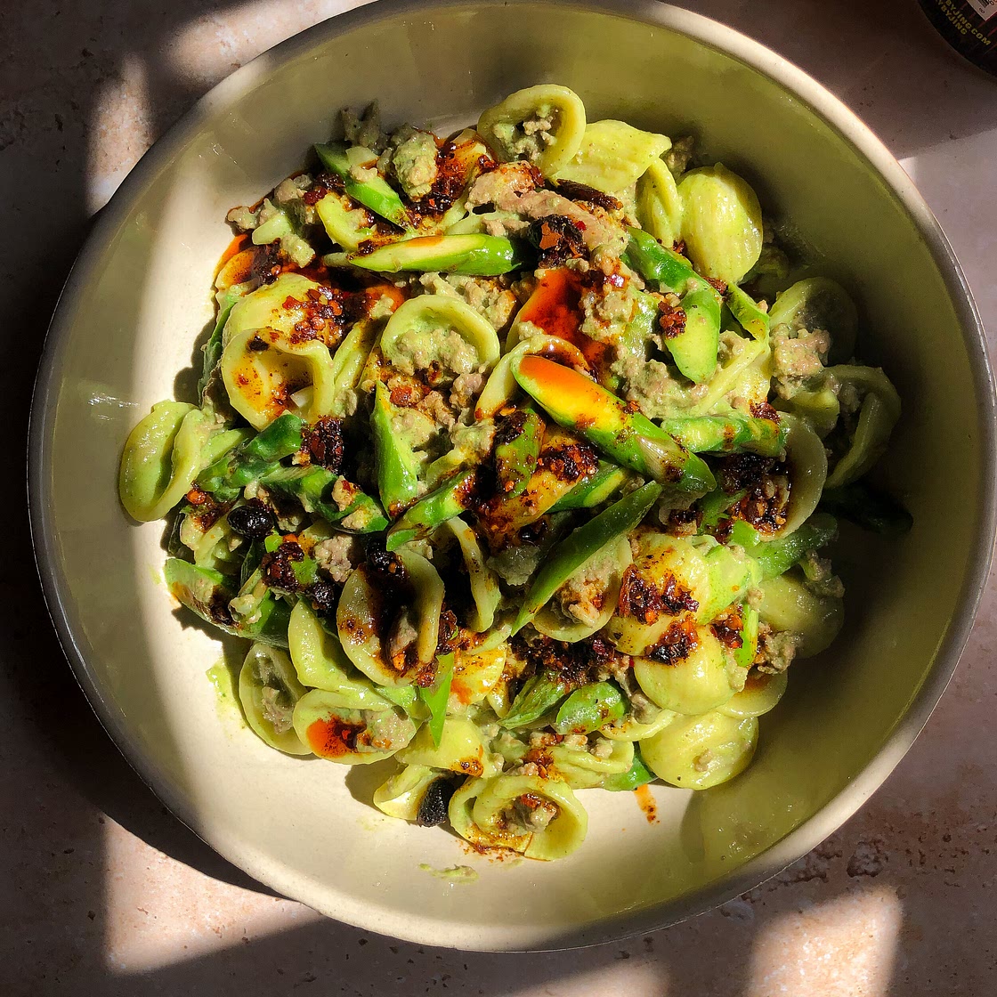 Creamy Spring Pasta with Cilantro, Lamb, and Asparagus — ostreetkitchen