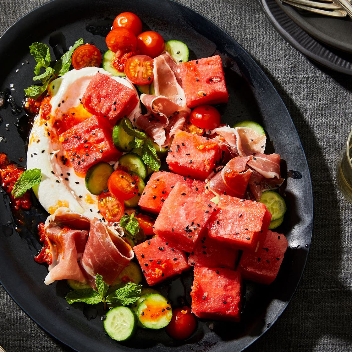 Spicy Watermelon With Tomatoes, Prosciutto & Salted-Lime Yogurt