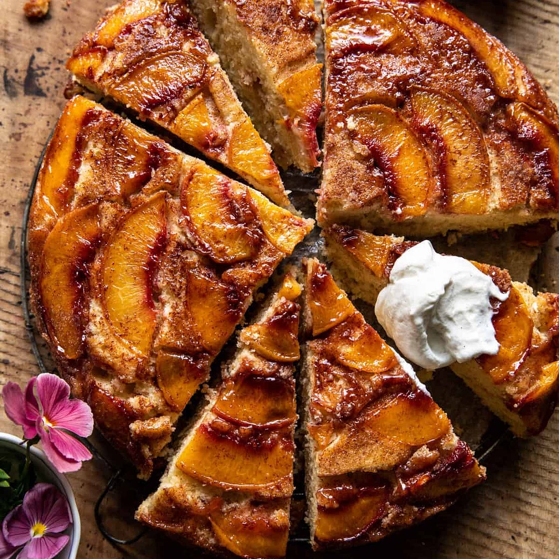 Cinnamon Sugar Peach Upside Down Skillet Cake