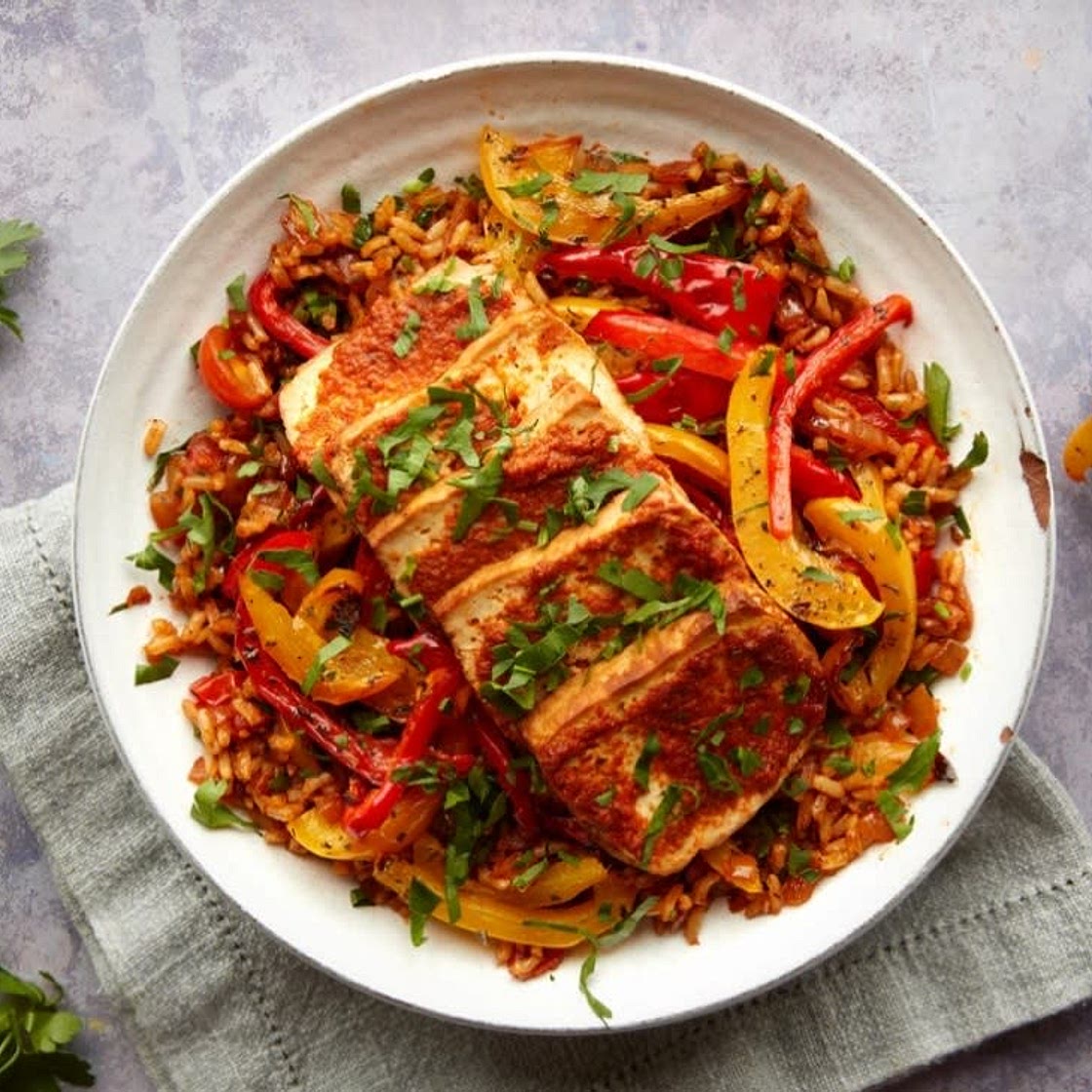Smoked tofu, Spanish rice & roasted peppers