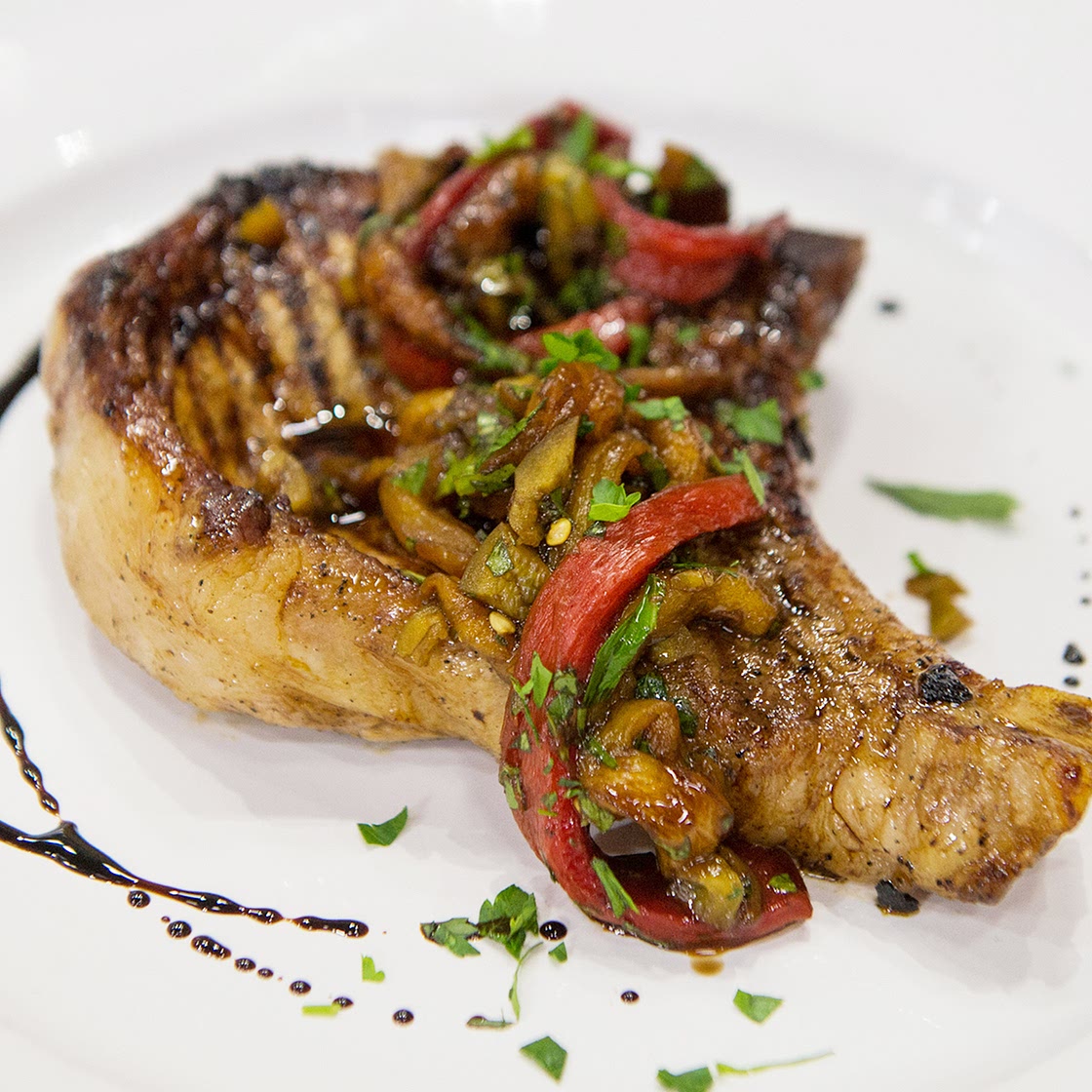 Bobby Flay's Grilled Pork Chops with Balsamic and Peppers