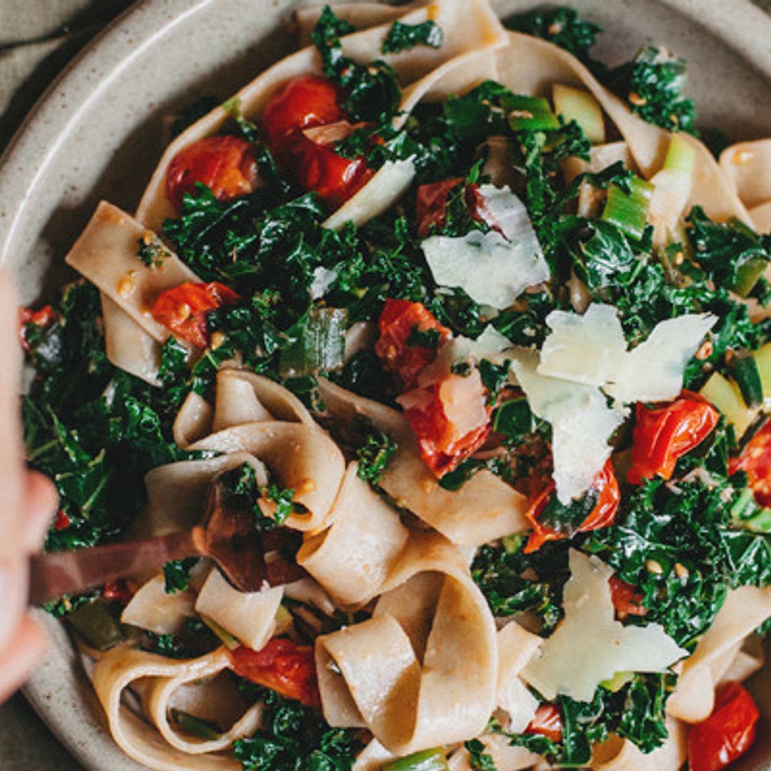 Wilted kale and cherry tomato fettuccine
