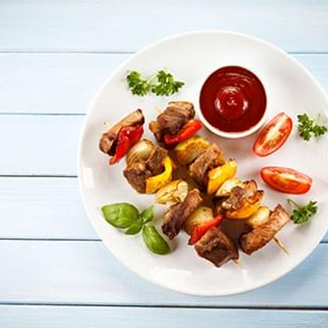 Beef and Vegetable Skewers in a Skillet
