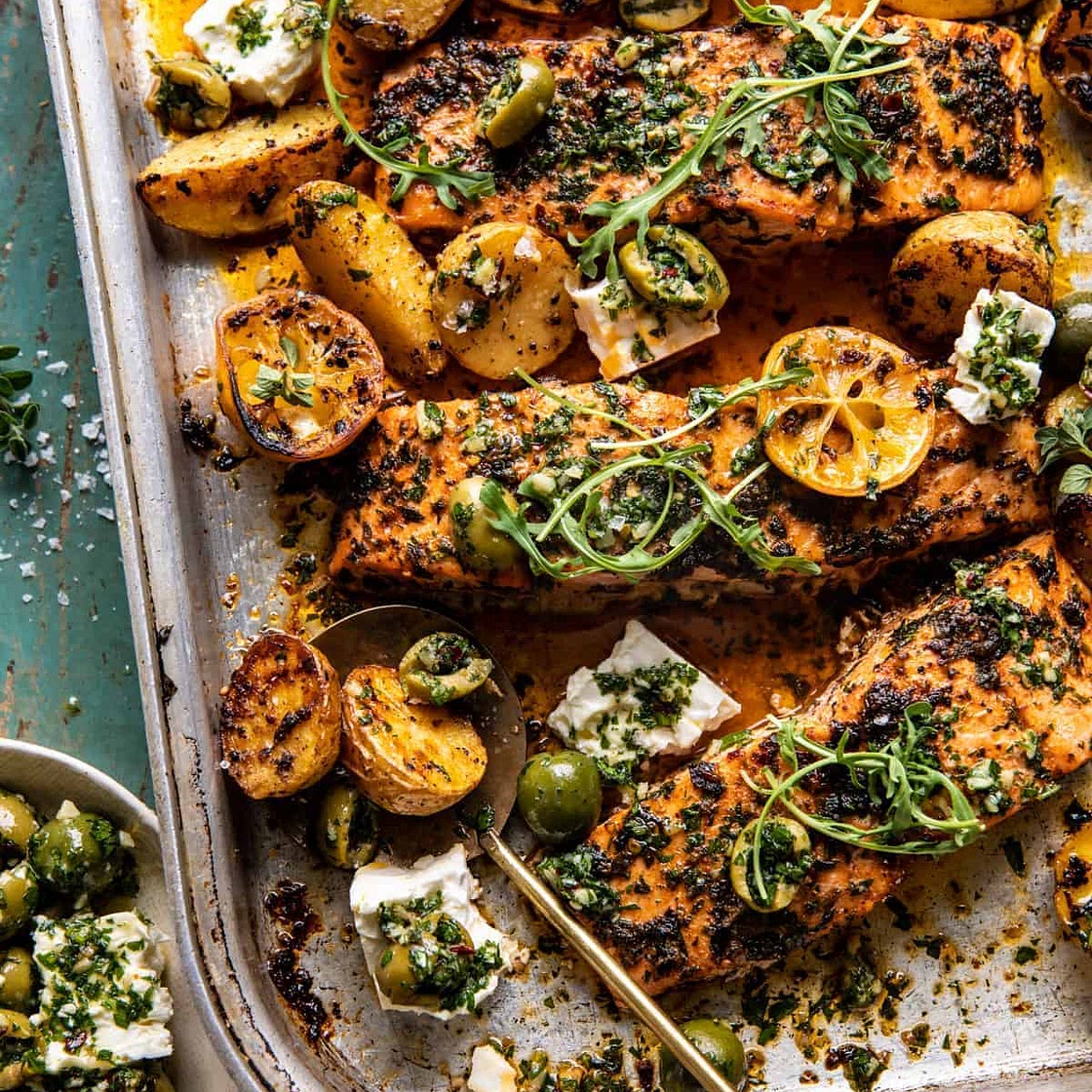 Sheet Pan Roasted Lemon Garlic Butter Salmon with Feta and Olives