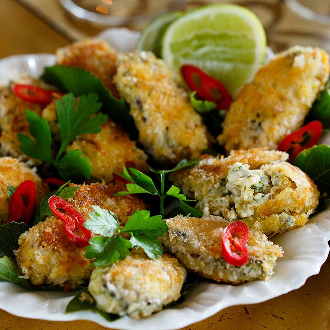 Crumbed mussels stuffed with coriander pesto