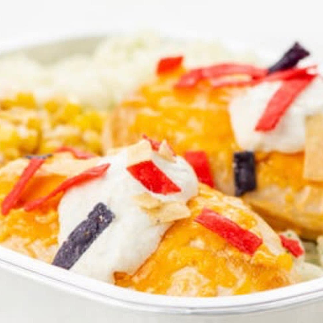 Chipotle-Cheddar Chicken with Hatch Chile Crema and Cilantro Rice