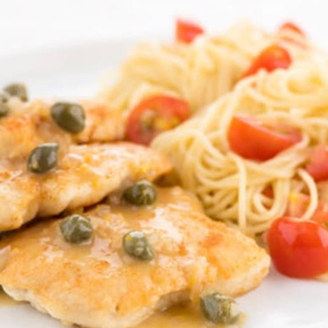 Classic Chicken Piccata with angel hair pasta and lemon-caper sauce