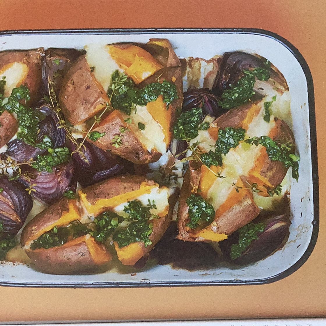 SWEET POTATO WITH MOZZARELLA, ONIONS & BASIL