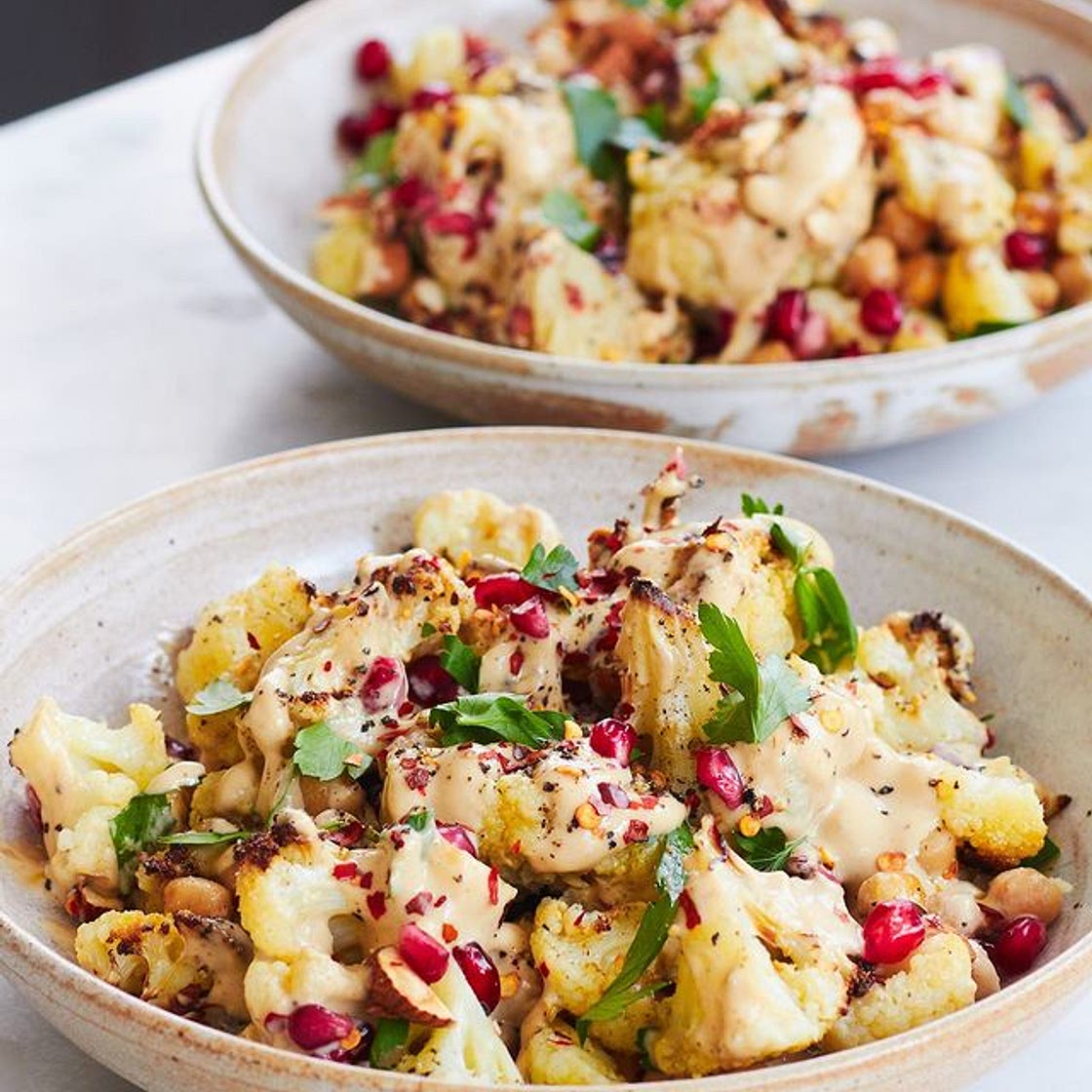 Roasted Cauliflower, Chickpea Salad with Yoghurt, Tahini and Maple Dressing