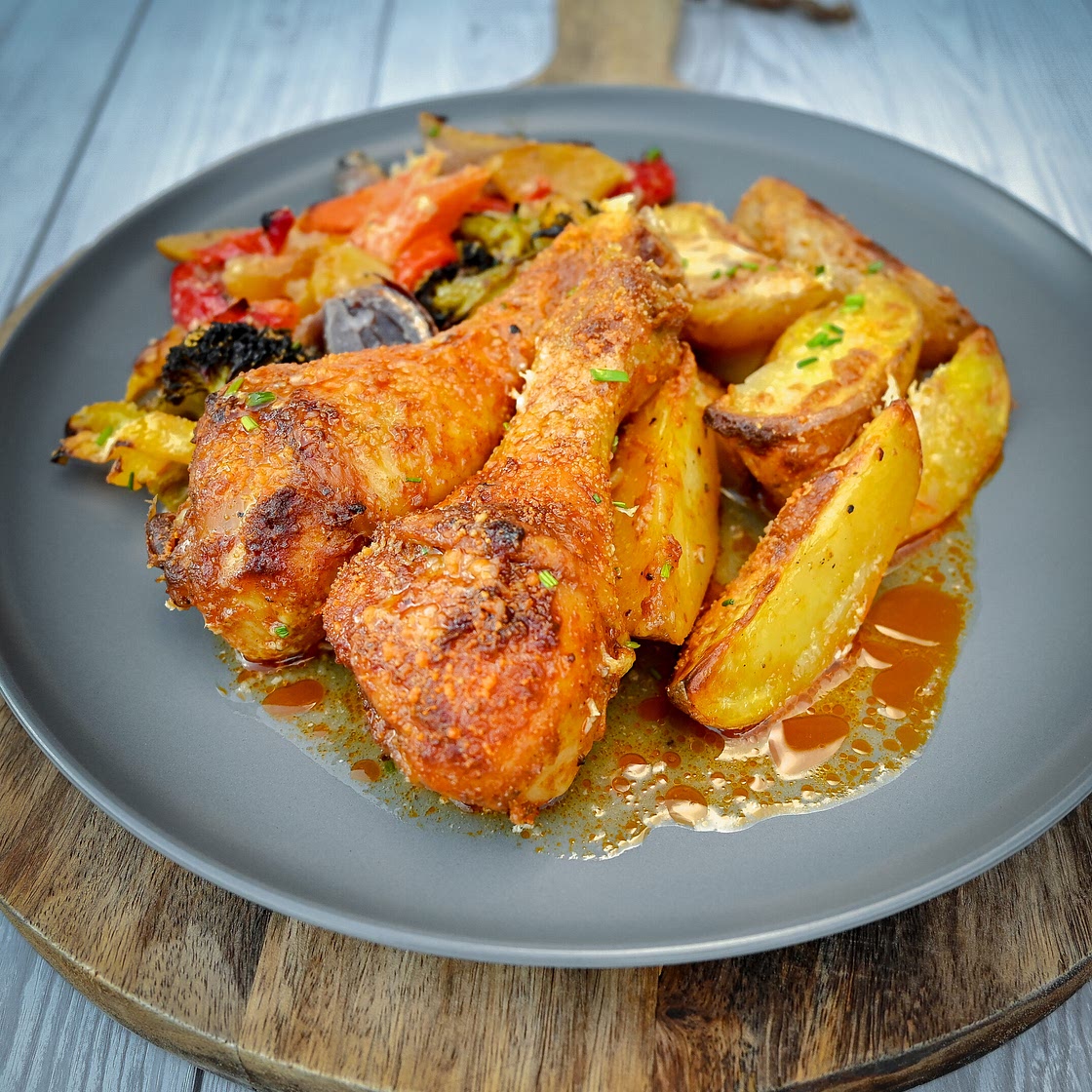One Sheet Pan Chicken Legs Or Drumsticks With Potatoes And Veggies