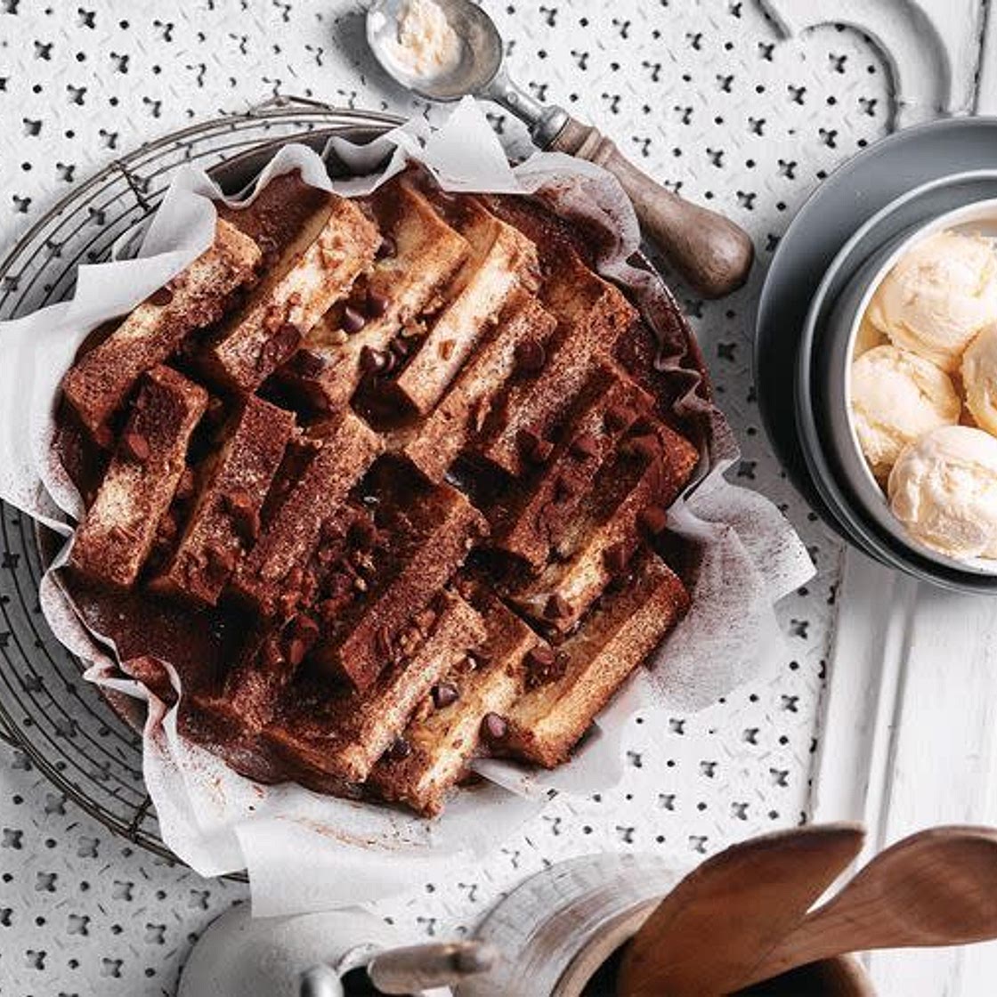 Pecan chocolate bread and butter pudding