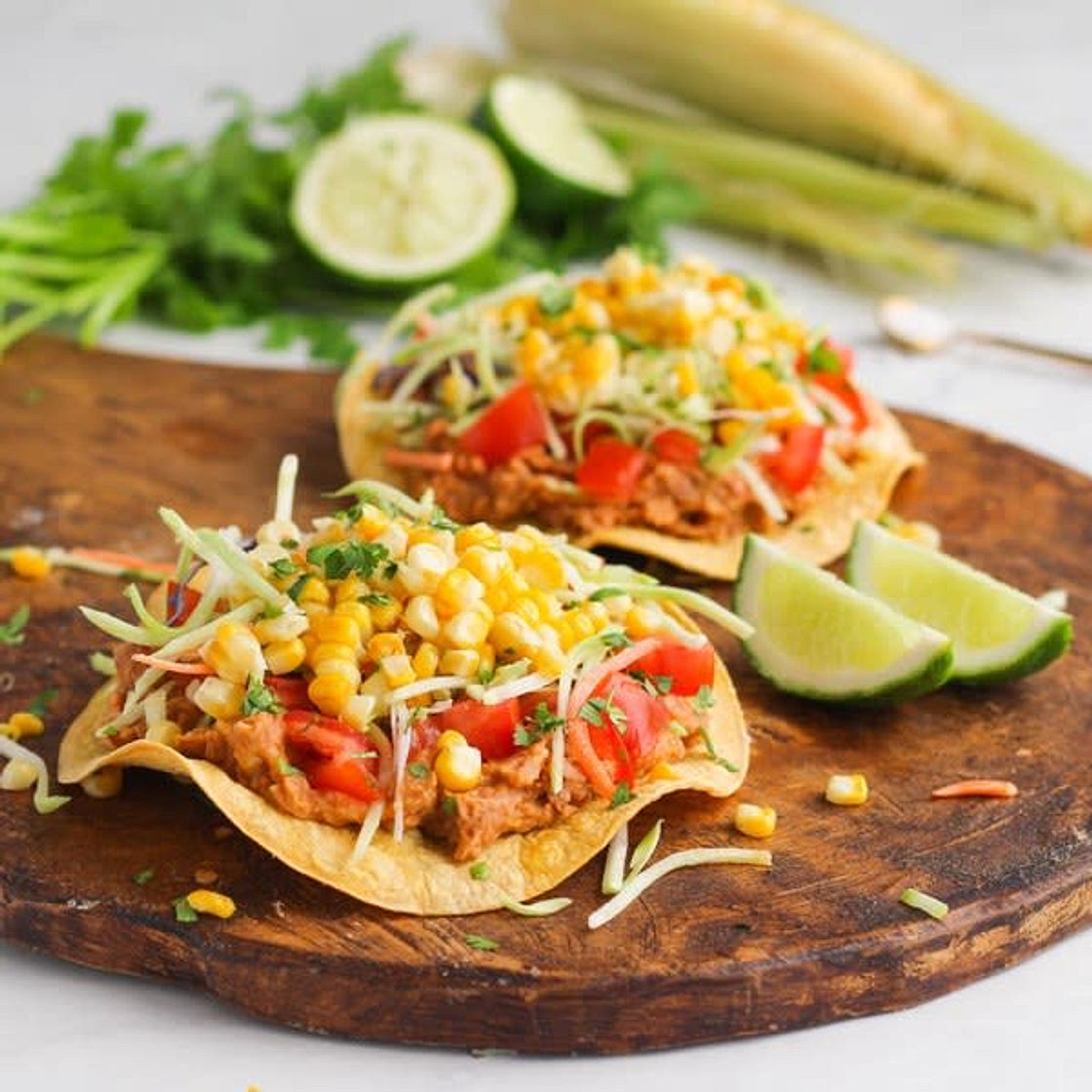 Roasted Corn & Bean Tostadas with Broccoli Slaw