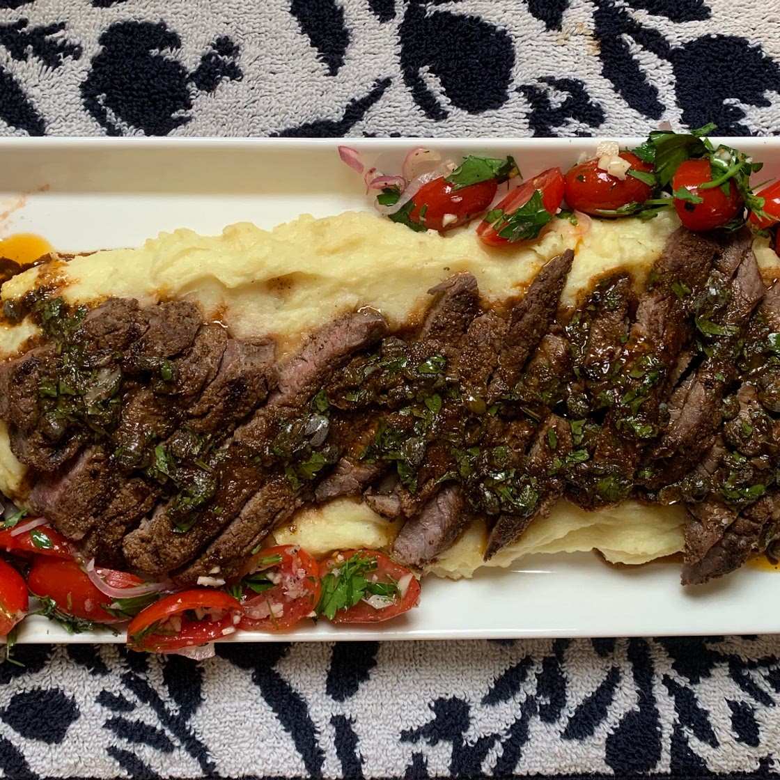 Steak with Sherry Vinaigrette, Semi-Sweet Mashed Potatoes, and Grape Tomato Salad