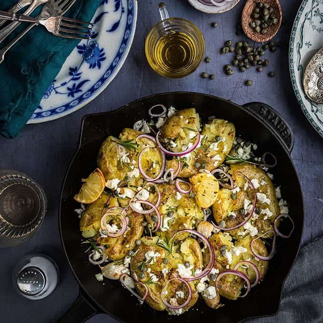 Quick smashed Greek potatoes with feta and rosemary