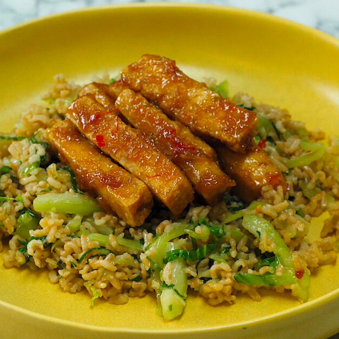 Crispy, Sticky Tofu with Pak Choi Wok Tossed Rice