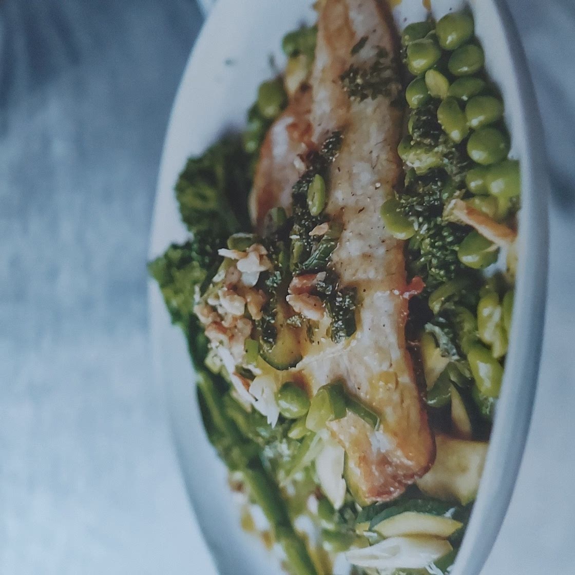 GRILLED SEA BASS WITH MINTED PEAS
