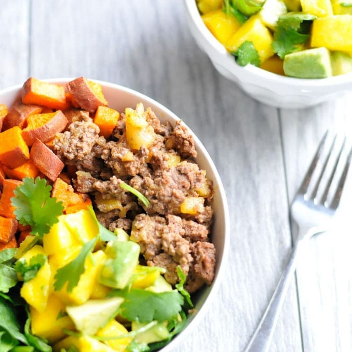Sweet Potato and Pineapple Beef Bowls with Mango Avocado Salsa