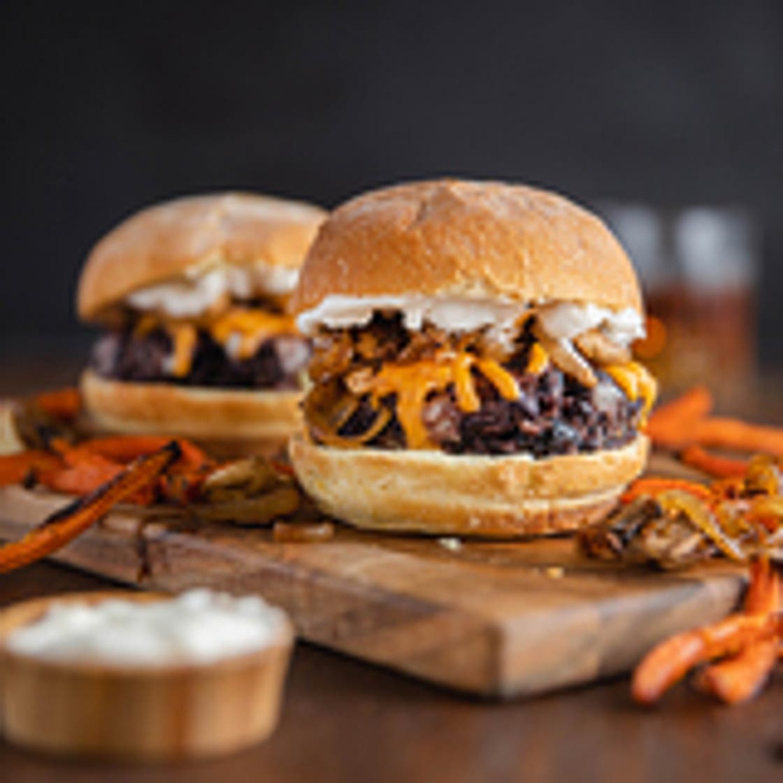 Mushroom Cheddar Black Bean Burgers with Garlic Aioli & Carrot Fries