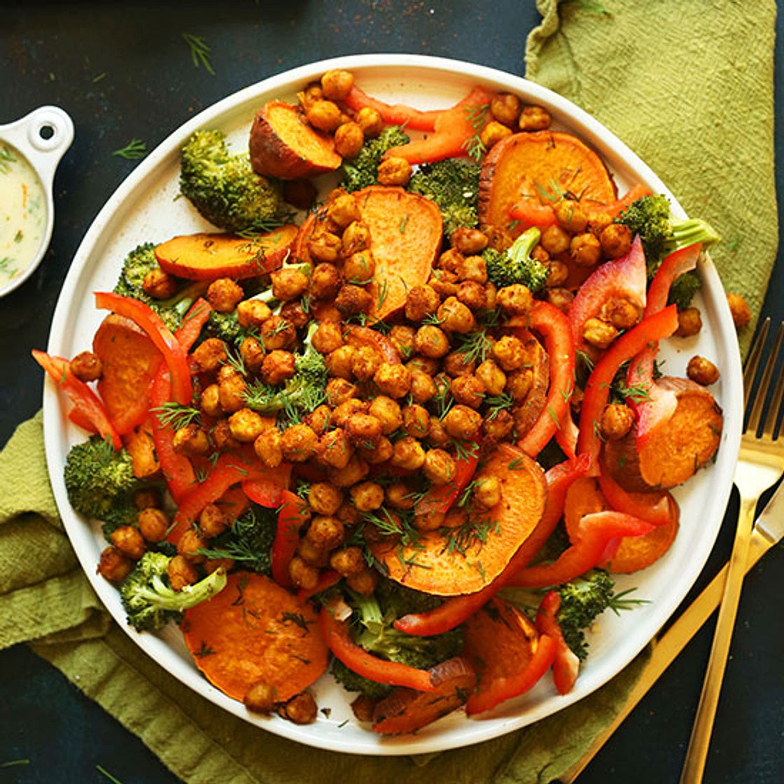 Roasted Broccoli Sweet Potato Chickpea Salad