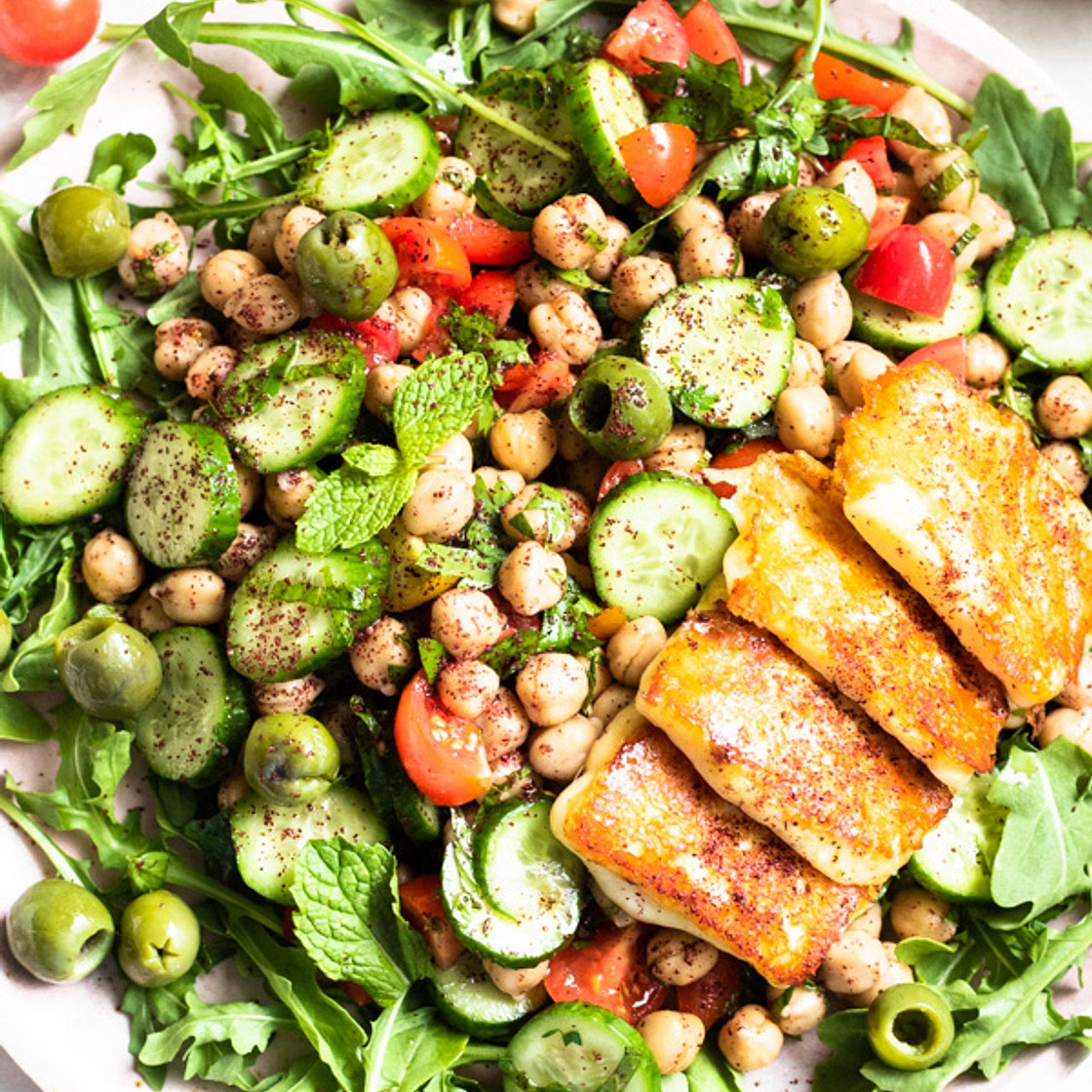 Mediterranean Chickpea Salad with Grilled Halloumi Cheese