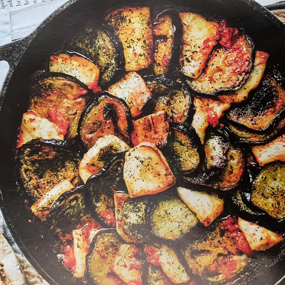 Aubergine, halloumi & harissa skillet bake