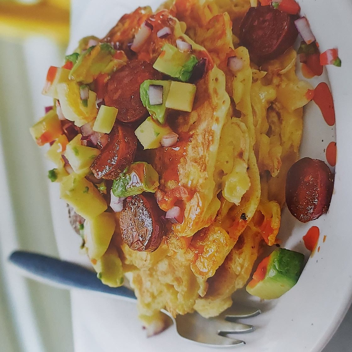 SWEETCORN FRITTERS WITH CHORIZO AND MANGO AND AVOCADO SALSA
