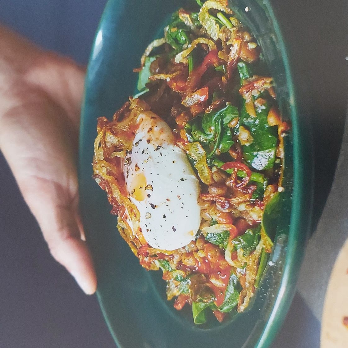 GREEN LENTIL SPINACH DAAL WITH POACHED EGG AND CRISPY ONIONS