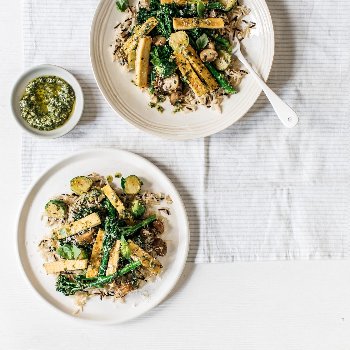Sautéed brussels sprouts & tenderstem broccoli with pesto & wild rice