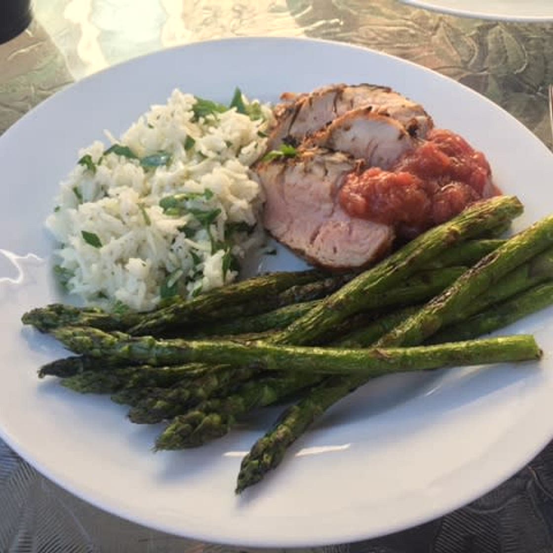 Grilled Pork Tenderloin with Rhubarb Chutney, Basmati Rice and Grilled Asparagus (or other Veg)