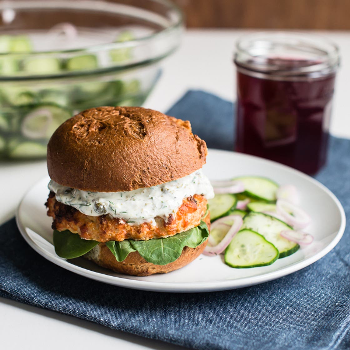 Salmon Burgers with Quick-Pickled Cucumber Salad