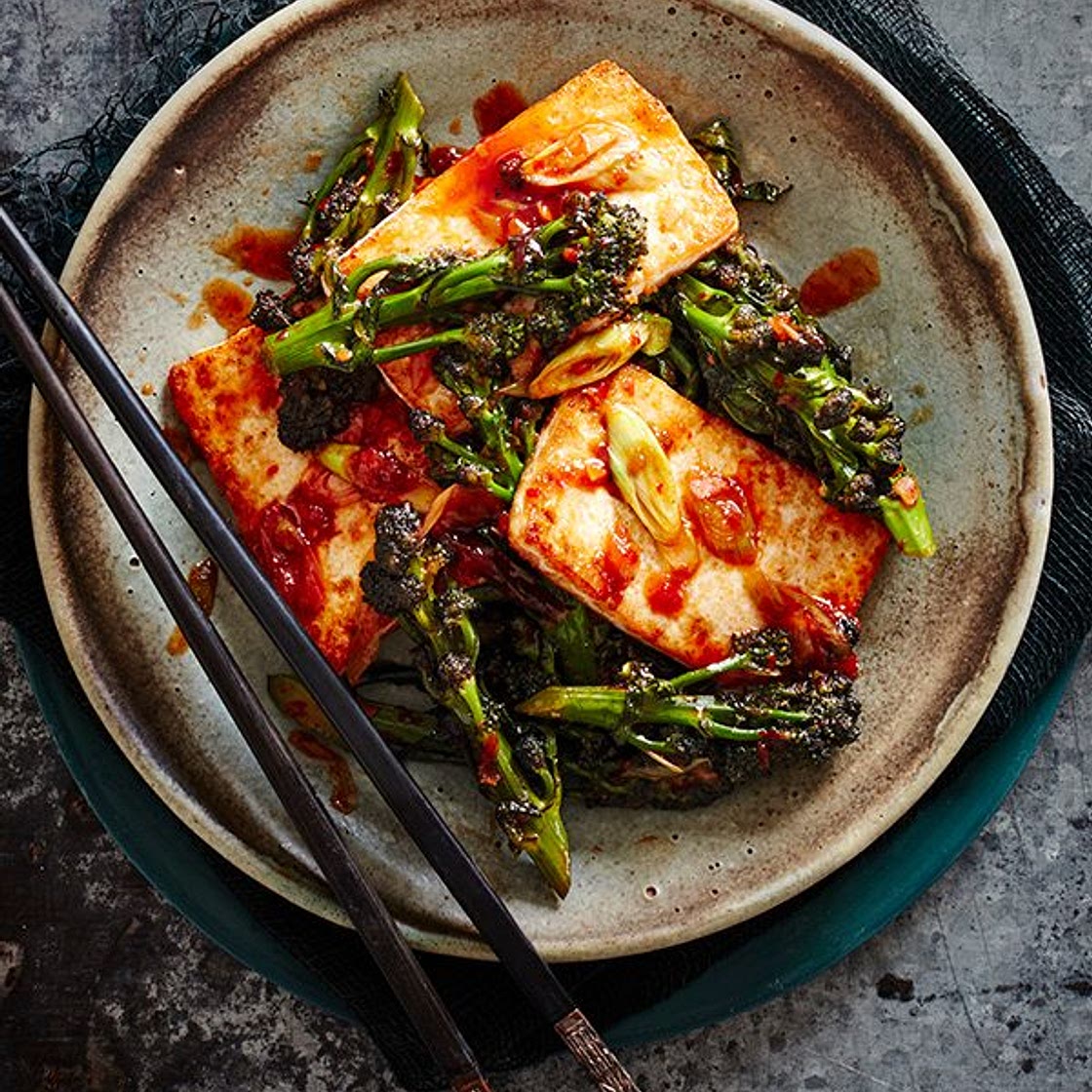 Chinese-style purple sprouting broccoli with tofu