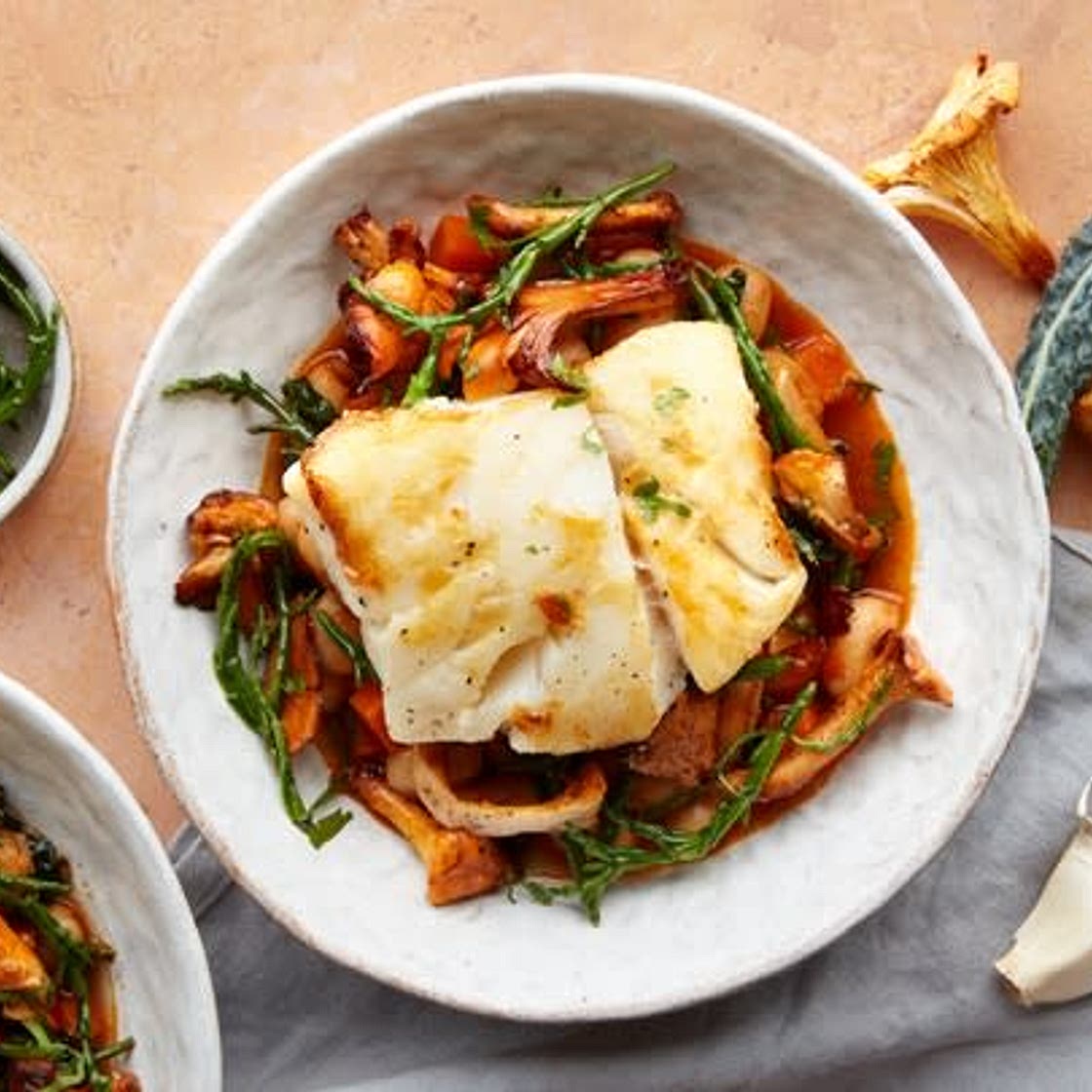 MC - Pollock with wild mushrooms, asparagus and butter bean stew