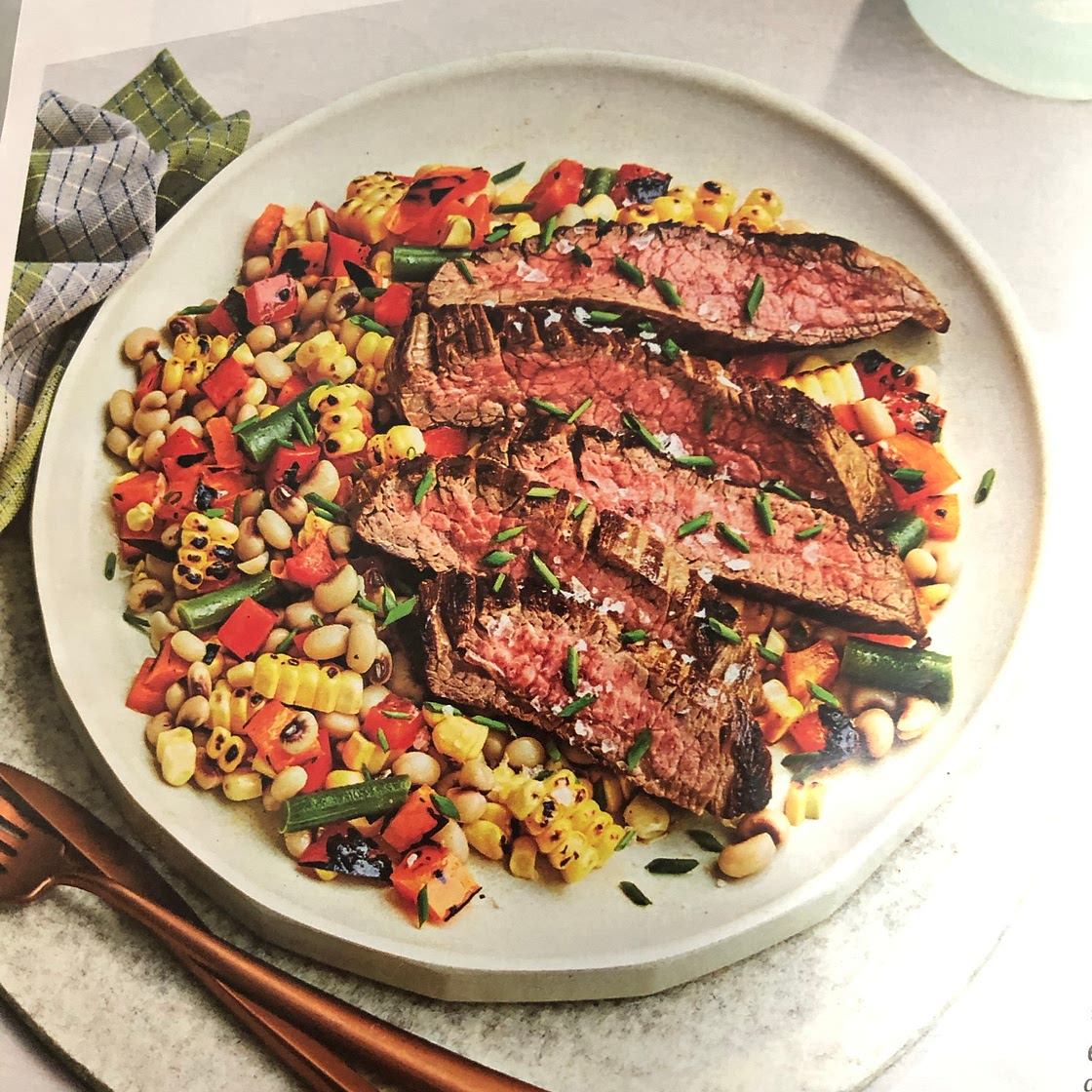 Seared steak and field pea salad