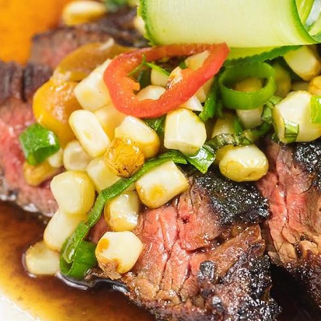 Chef Adrianne Calvo's Marinated Skirt Steak Recipe With White Corn, Pepper Relish & Spicy Soy Sauce