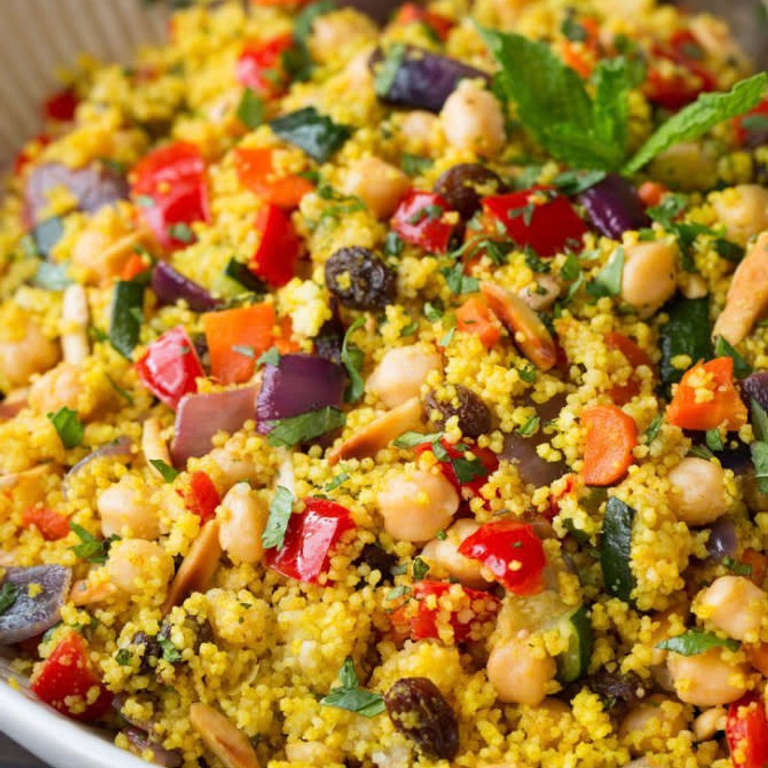 Moroccan Couscous with Roasted Vegetables Chick Peas and Almonds