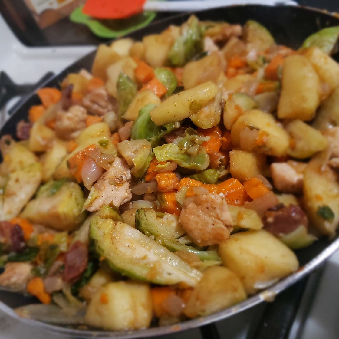 Chicken, Apple, Sweet Potato, and Brussels Sprouts Skillet