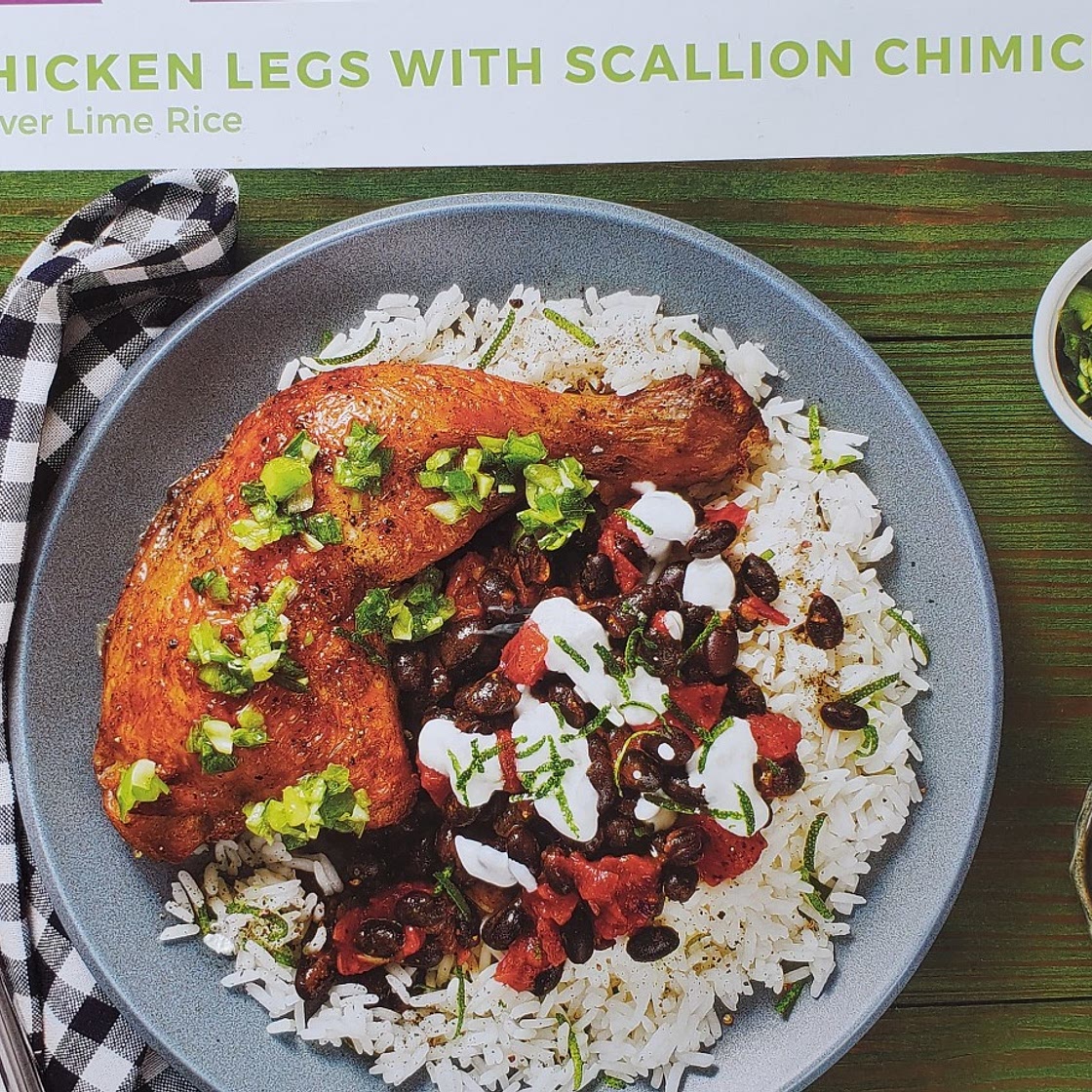 Crispy chicken legs with scallion chimichurri & black beans with lime rice