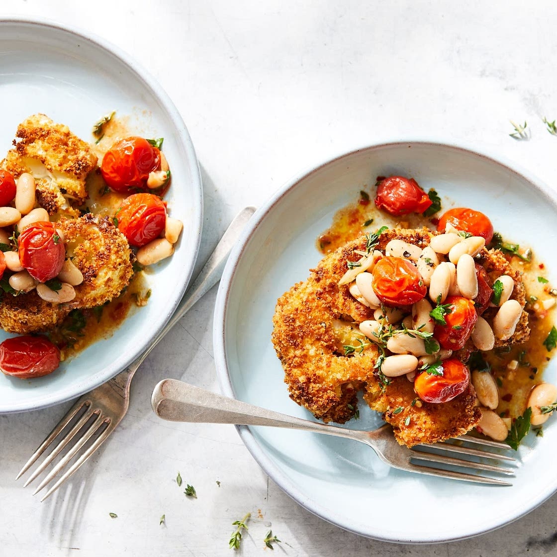 Parmesan-Crusted Cauliflower with White Beans & Tomatoes