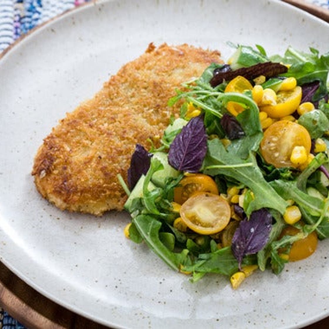 Chicken Milanese with Summer Corn, Tomato & Cucumber Salad